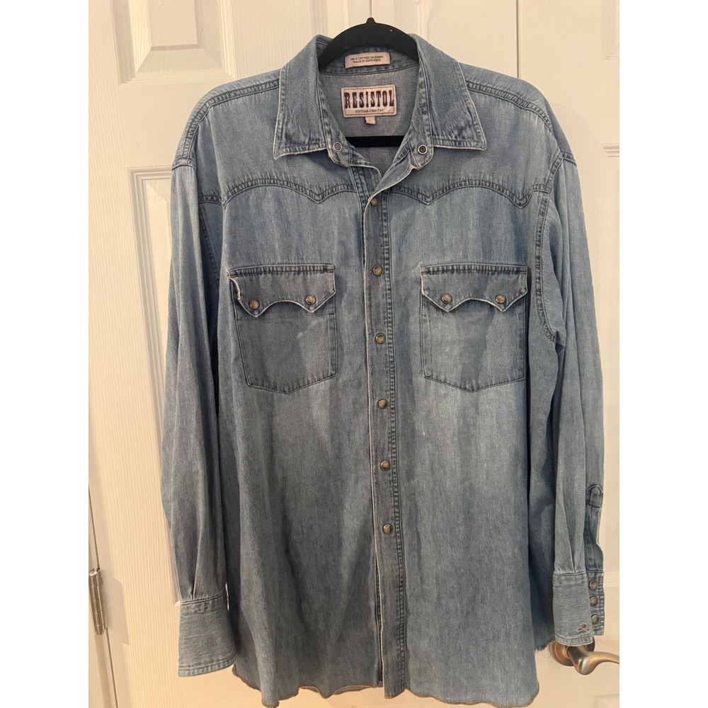 Resistol Vintage Country Mens Denim Western Pearl Snap Shirt Blue Medium Wash L